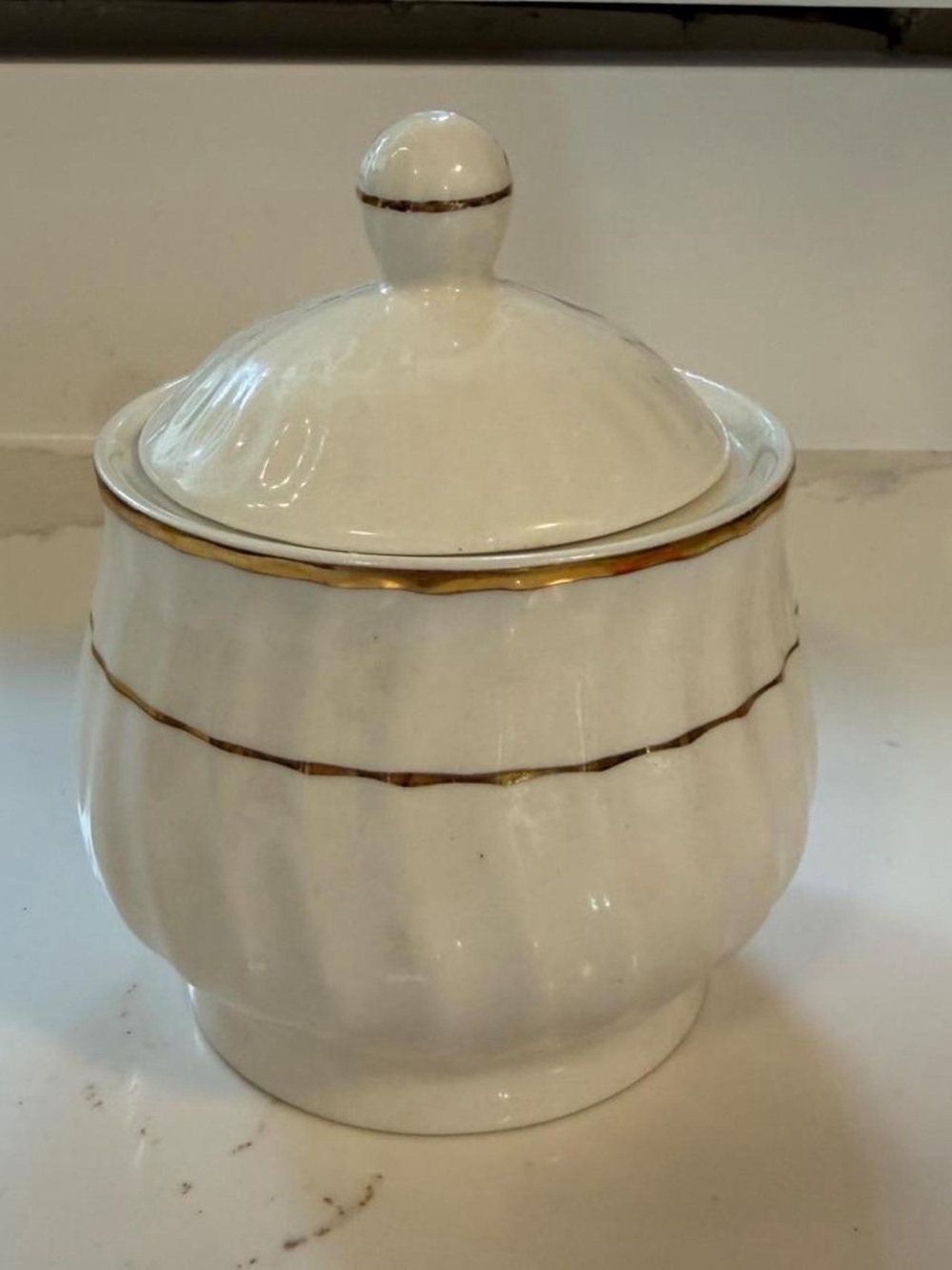 Vintage White Ceramic Lidded Sugar Jar with Gold Trim